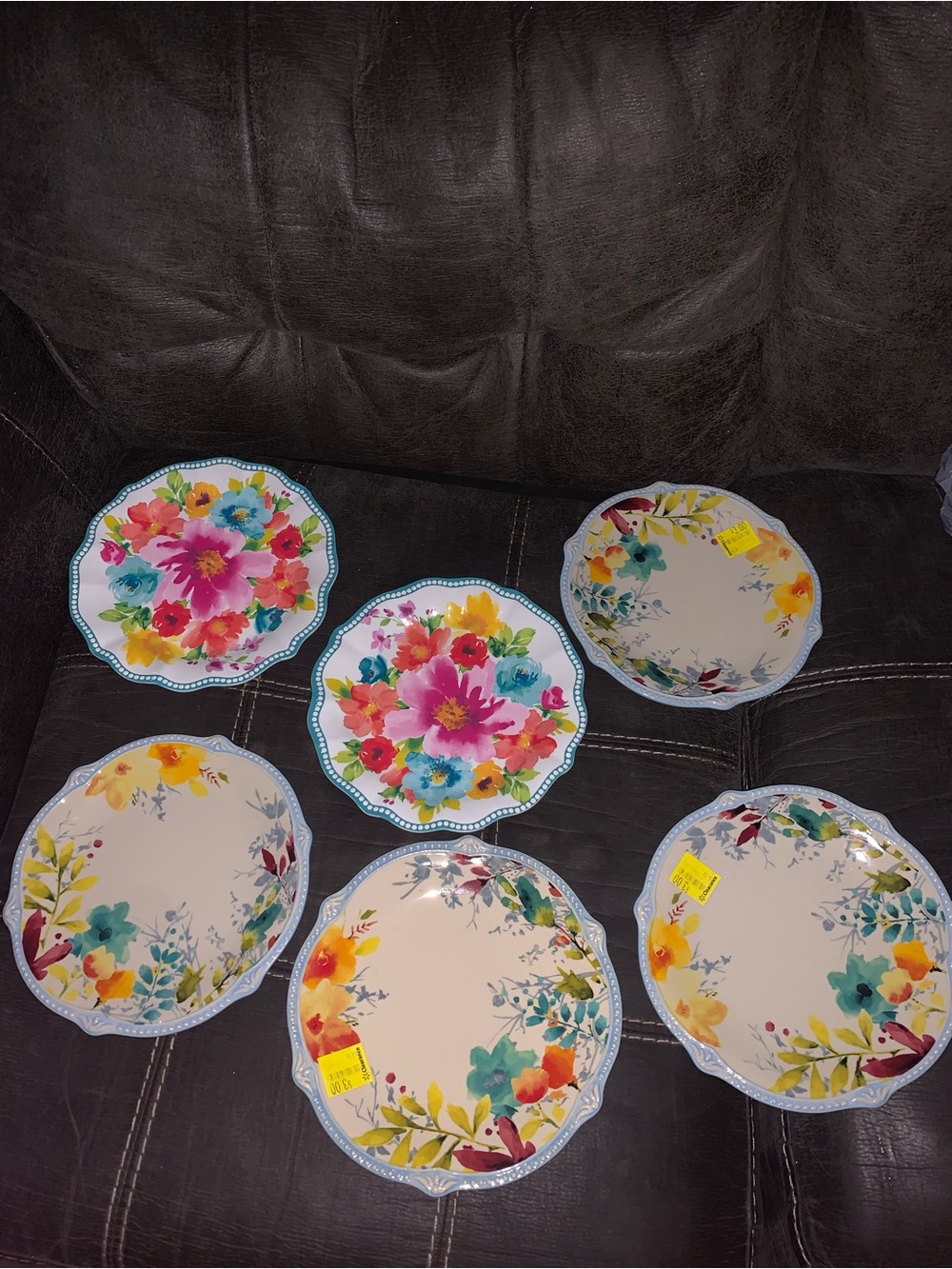 The Pioneer Woman Floral Melamine Dinner Plates in Pink, Blue, Yellow